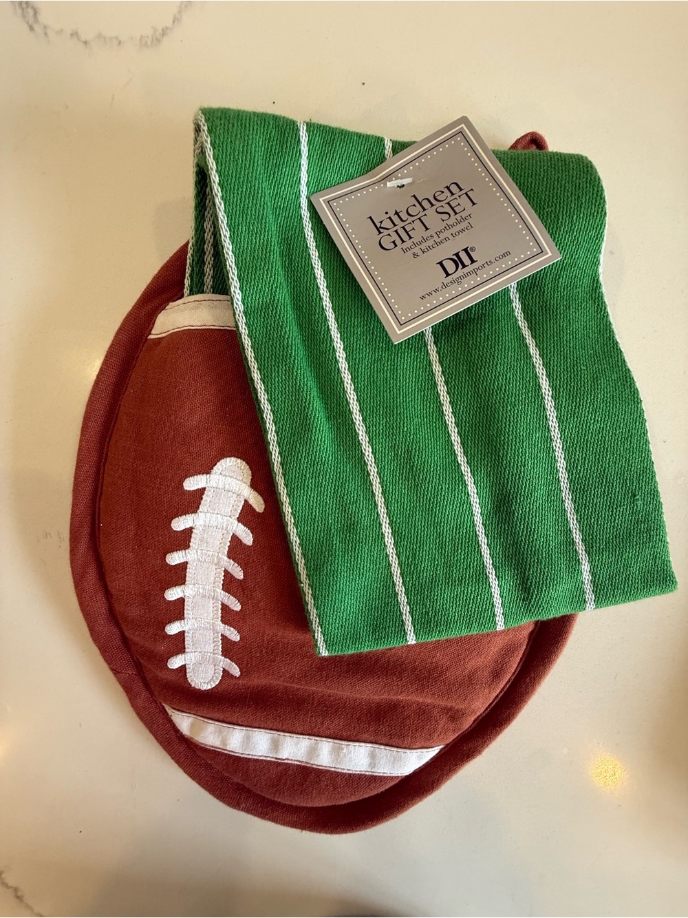 Kitchen Gift Set - Green Striped Towel + Brown Football Pot Holder